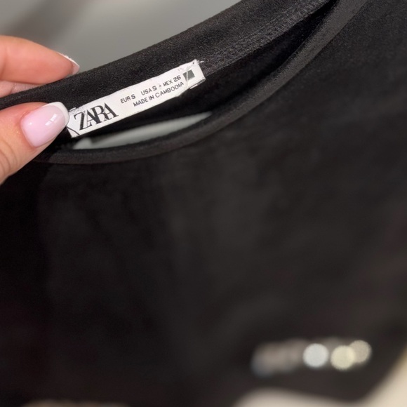 Zara Black Faux Suede Embellished Pocket Mini Dress | Size Small | Detail Shift - Picture 7 of 10